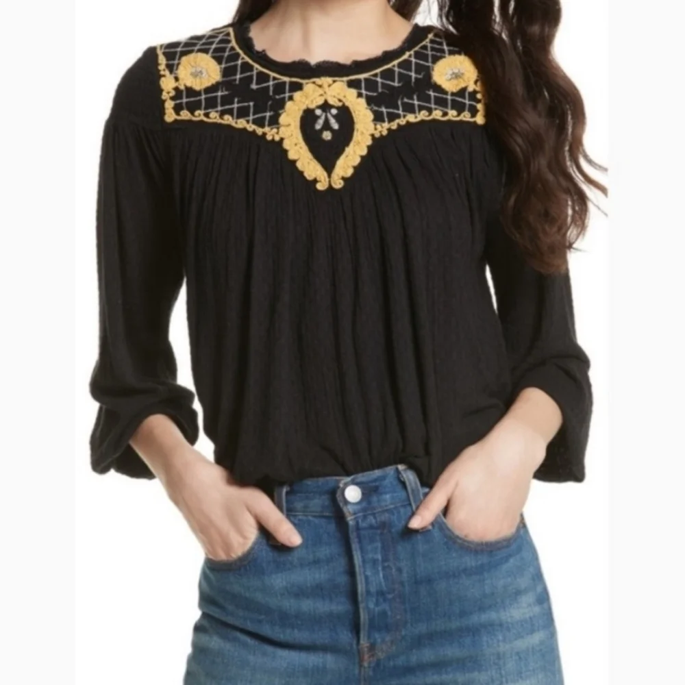 Free People Begonia Boho Peasant Embroidered Blouse Size Large